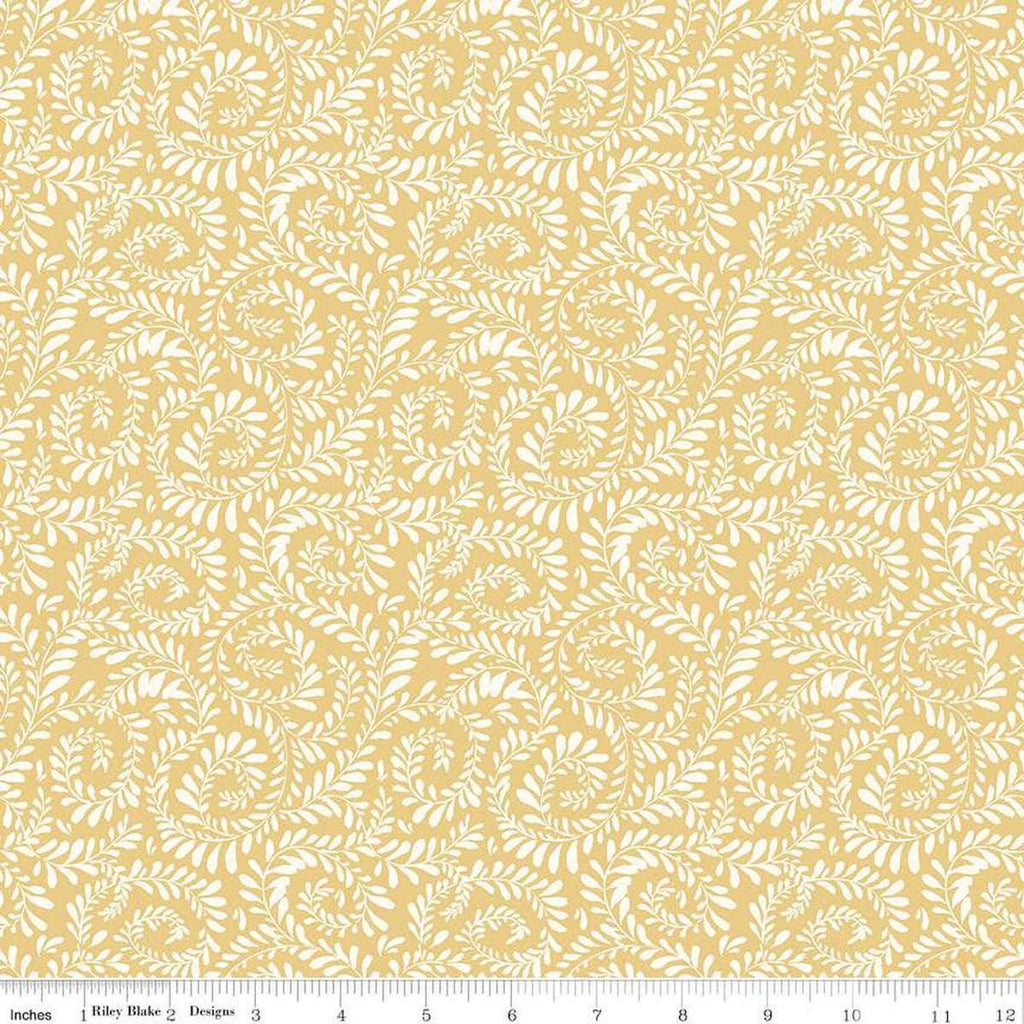 Image of Sunflower Whispers Ferns Yellow quilting cotton fabric by Lisa Audit for Riley Blake Designs. Features leaves on a yellow background. Cute Little Fabric Shop
