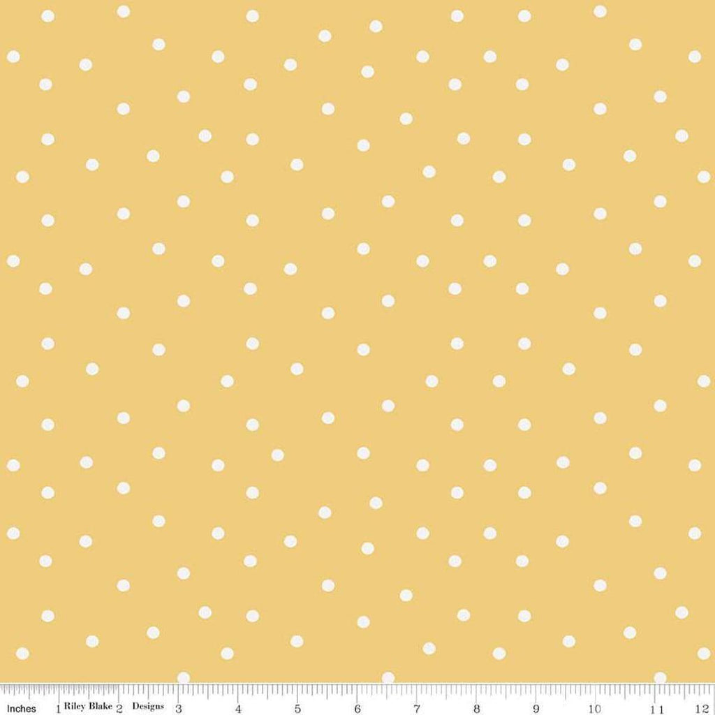 Image of Sunflower Whispers Dots Yellow quilting cotton fabric by Lisa Audit for Riley Blake Designs. Features dots on a yellow background. Cute Little Fabric Shop