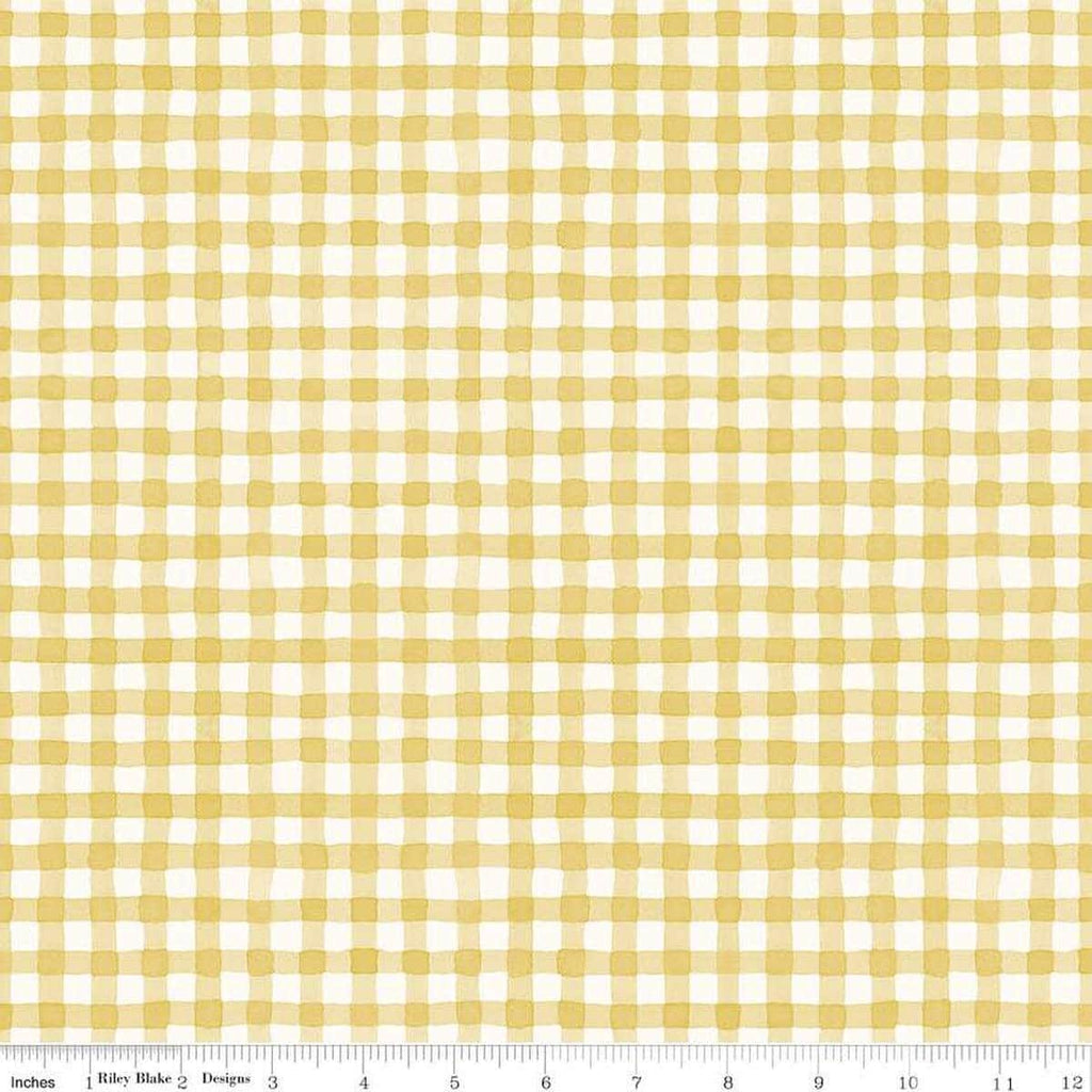 Image of Sunflower Whispers Gingham Yellow quilting cotton fabric by Lisa Audit for Riley Blake Designs. Features gingham on a yellow background. Cute Little Fabric Shop