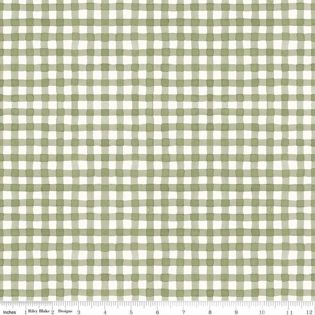 Image of Sunflower Whispers Gingham Green quilting cotton fabric by Lisa Audit for Riley Blake Designs. Features gingham on a green background. Cute Little Fabric Shop