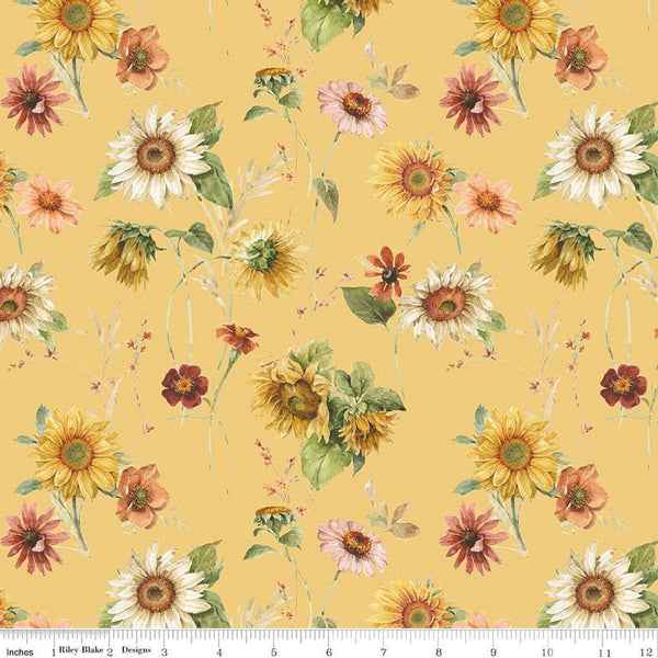 Image of Sunflower Whispers Sunflowers Yellow quilting cotton fabric by Lisa Audit for Riley Blake Designs. Features flowers on a yellow background. Cute Little Fabric Shop