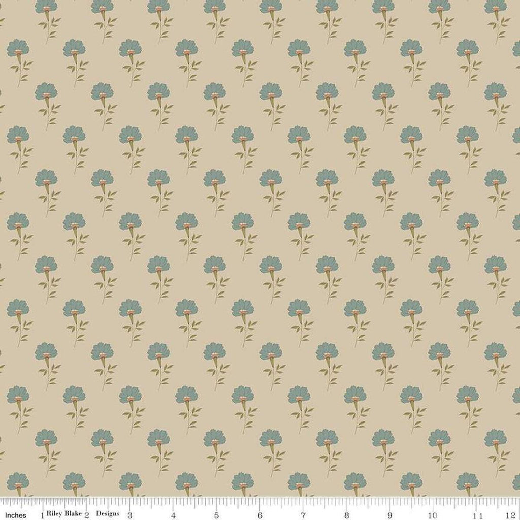 Image of Threads of Grace Flora Taupe quilting cotton fabric by Kassidy Grace for Riley Blake Designs. Features flowers on a beige background. Cute Little Fabric Shop