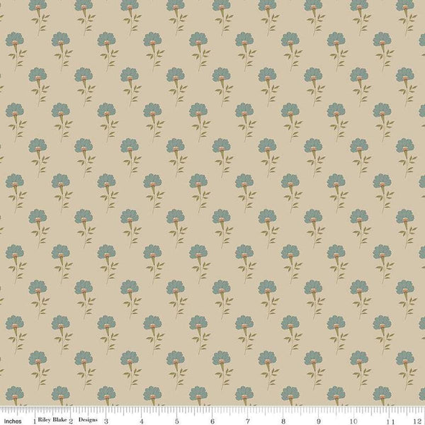 Image of Threads of Grace Flora Taupe quilting cotton fabric by Kassidy Grace for Riley Blake Designs. Features flowers on a beige background. Cute Little Fabric Shop