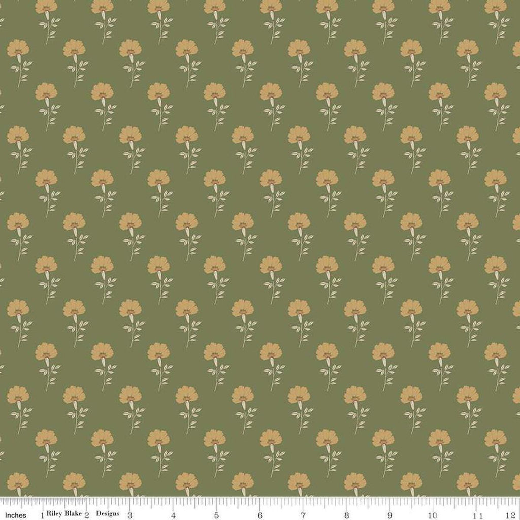 Image of Threads of Grace Flora Green quilting cotton fabric by Kassidy Grace for Riley Blake Designs. Features flowers on a green background. Cute Little Fabric Shop
