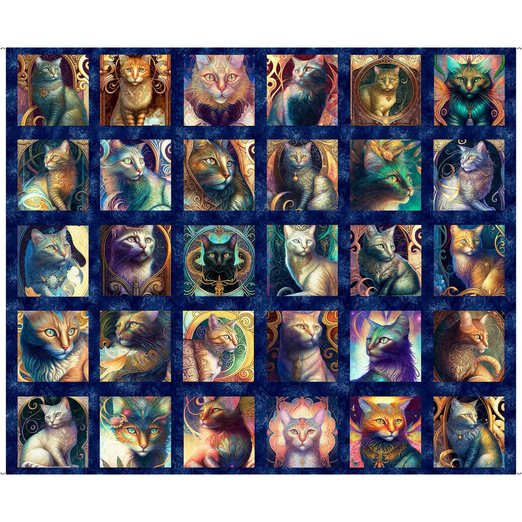 Feline Fantasia Cat Picture Patches Panel 31368 Navy N - QT Fabrics - Fantasy Kittens Magical  - Quilting Cotton Fabric