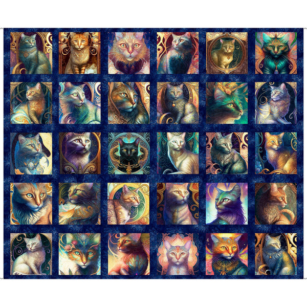 Feline Fantasia Cat Picture Patches Panel 31368 Navy N - QT Fabrics - Fantasy Kittens Magical  - Quilting Cotton Fabric