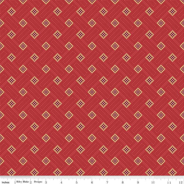 Image of Vera's Garden Blocks Red quilting cotton fabric by Vicki McCarty for Riley Blake Designs. Features squares on a red background. Cute Little Fabric Shop