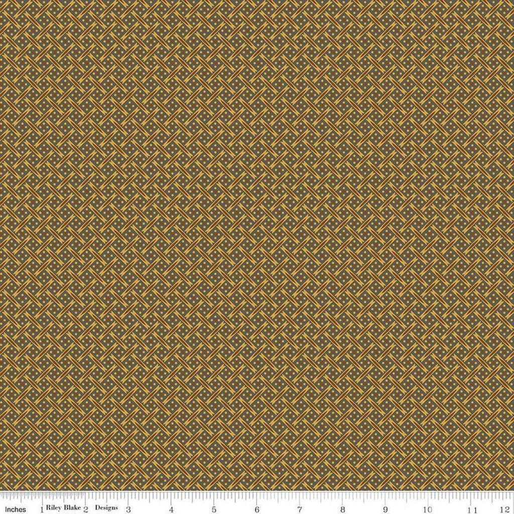 Image of Vera's Garden Basket Weave Brown quilting cotton fabric by Vicki McCarty for Riley Blake Designs. Features weave on a brown background. Cute Little Fabric Shop