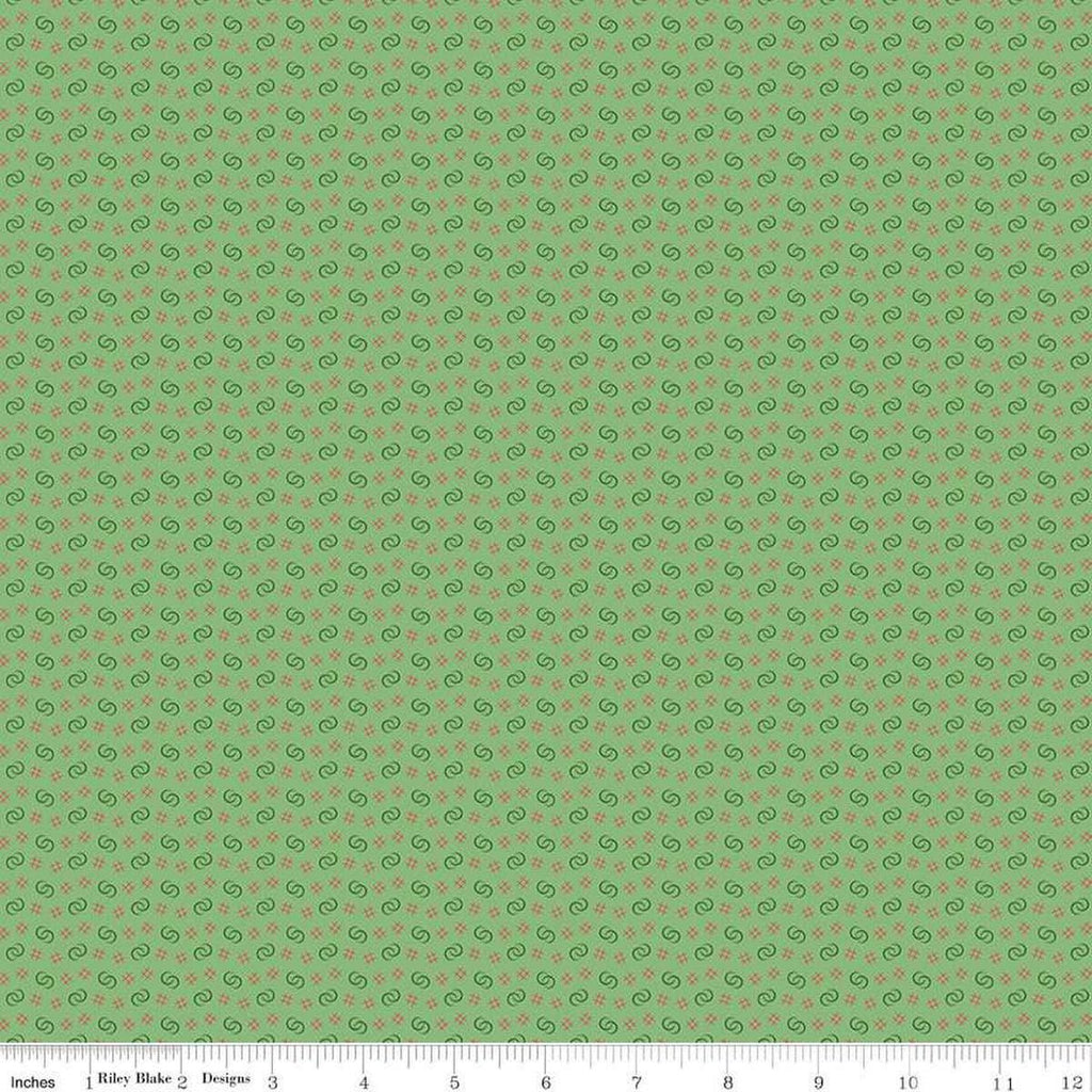 Image of Vera's Garden Circles Green quilting cotton fabric by Vicki McCarty for Riley Blake Designs. Features shapes on a green background. Cute Little Fabric Shop