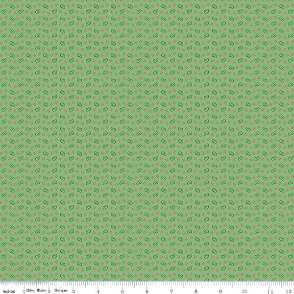 Image of Vera's Garden Circles Green quilting cotton fabric by Vicki McCarty for Riley Blake Designs. Features shapes on a green background. Cute Little Fabric Shop