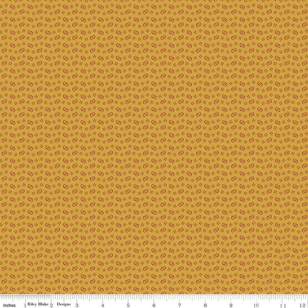 Image of Vera's Garden Circles Gold quilting cotton fabric by Vicki McCarty for Riley Blake Designs. Features shapes on a yellow background. Cute Little Fabric Shop
