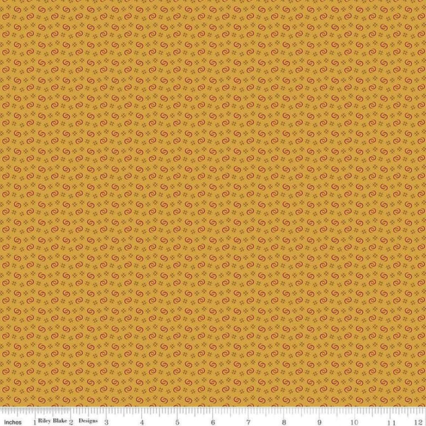 Image of Vera's Garden Circles Gold quilting cotton fabric by Vicki McCarty for Riley Blake Designs. Features shapes on a yellow background. Cute Little Fabric Shop