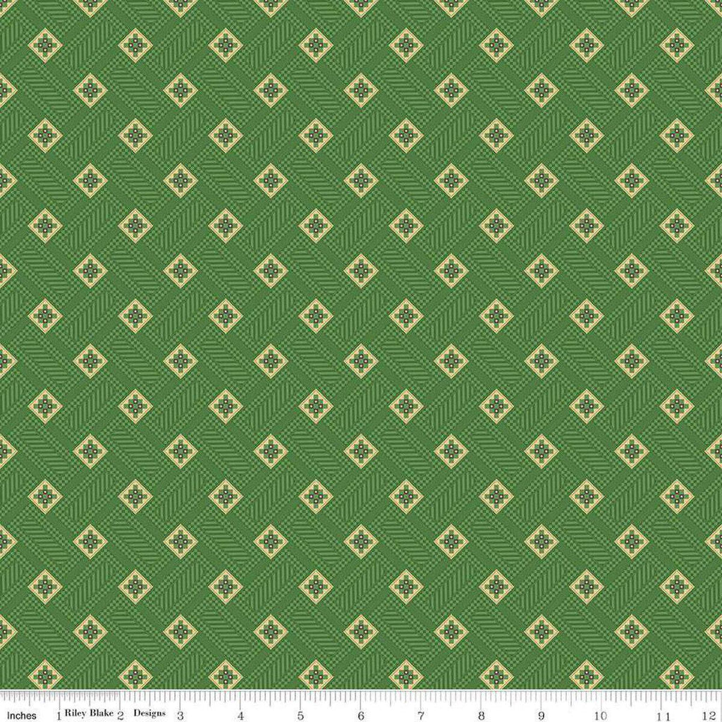 Image of Vera's Garden Blocks Green quilting cotton fabric by Vicki McCarty for Riley Blake Designs. Features squares on a green background. Cute Little Fabric Shop