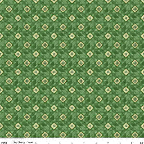 Image of Vera's Garden Blocks Green quilting cotton fabric by Vicki McCarty for Riley Blake Designs. Features squares on a green background. Cute Little Fabric Shop