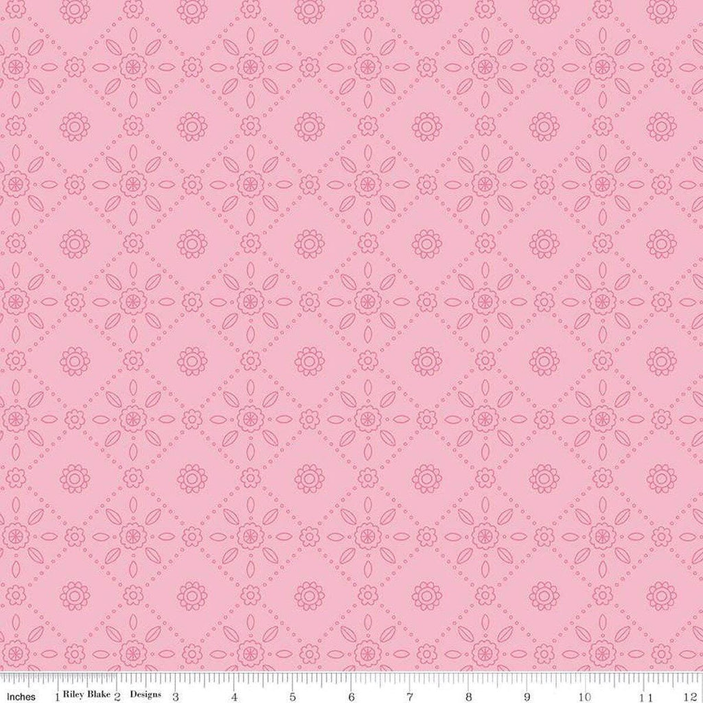 Image of Little Darlin' Fold Tile Pink quilting cotton fabric by the RBD Designers for Riley Blake Designs. Features shapes on a pink background. Cute Little Fabric Shop