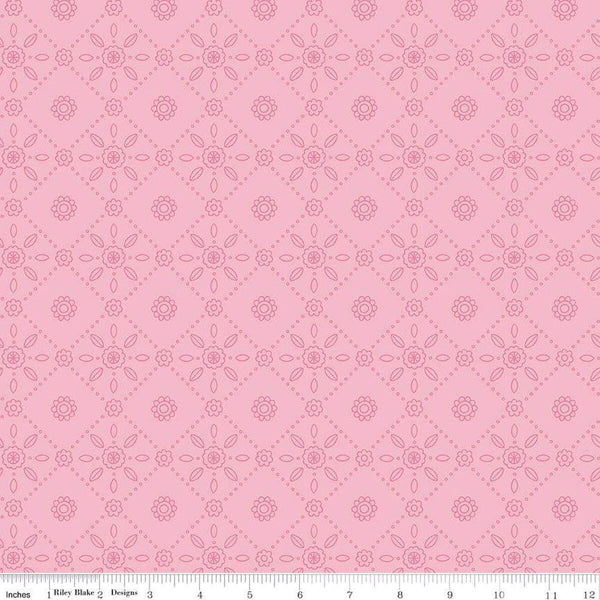 Image of Little Darlin' Fold Tile Pink quilting cotton fabric by the RBD Designers for Riley Blake Designs. Features shapes on a pink background. Cute Little Fabric Shop