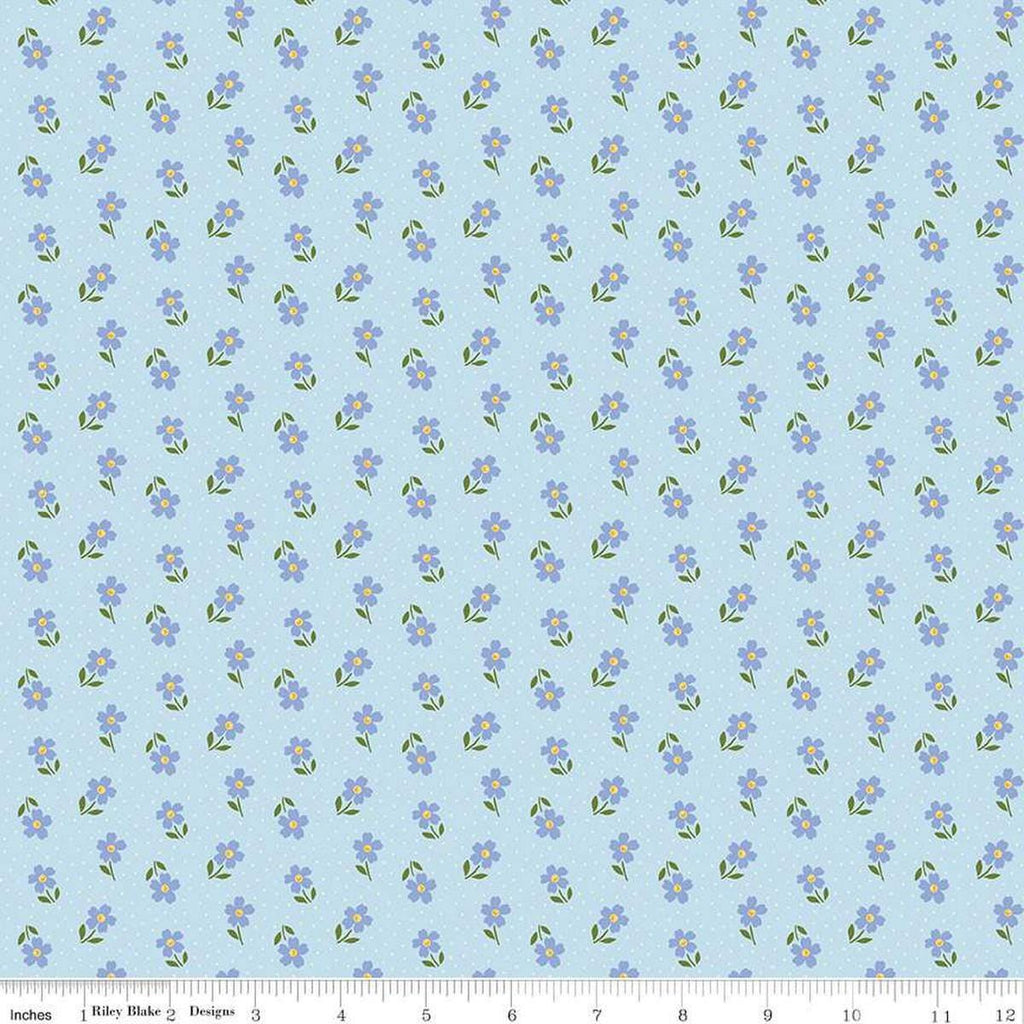Image of Little Darlin' Ditsy Blue quilting cotton fabric by the RBD Designers for Riley Blake Designs. Features flowers on a blue background. Cute Little Fabric Shop