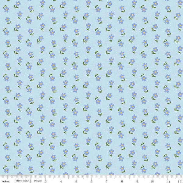 Image of Little Darlin' Ditsy Blue quilting cotton fabric by the RBD Designers for Riley Blake Designs. Features flowers on a blue background. Cute Little Fabric Shop