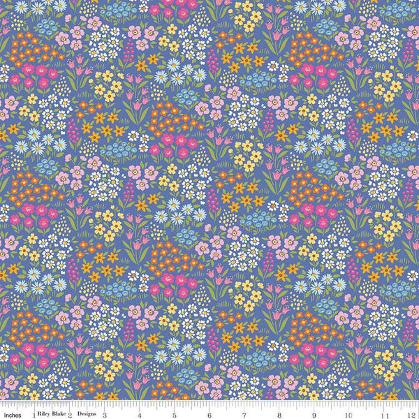 Image of Little Darlin' Floral Fields Periwinkle quilting cotton fabric by the RBD Designers for Riley Blake Designs. Features flowers on a purple background. Cute Little Fabric Shop