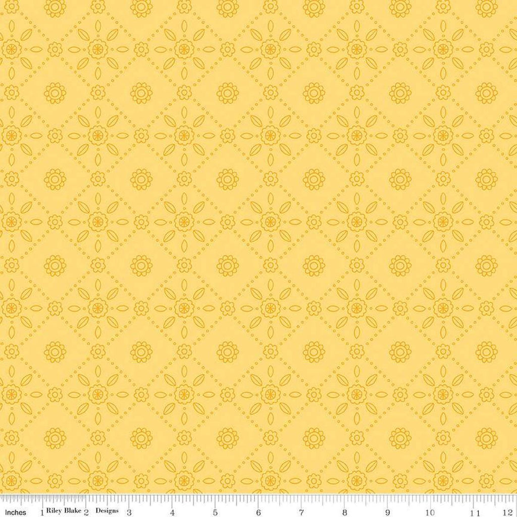 Image of Little Darlin' Folk Tile Yellow quilting cotton fabric by the RBD Designers for Riley Blake Designs. Features shapes on a yellow background. Cute Little Fabric Shop