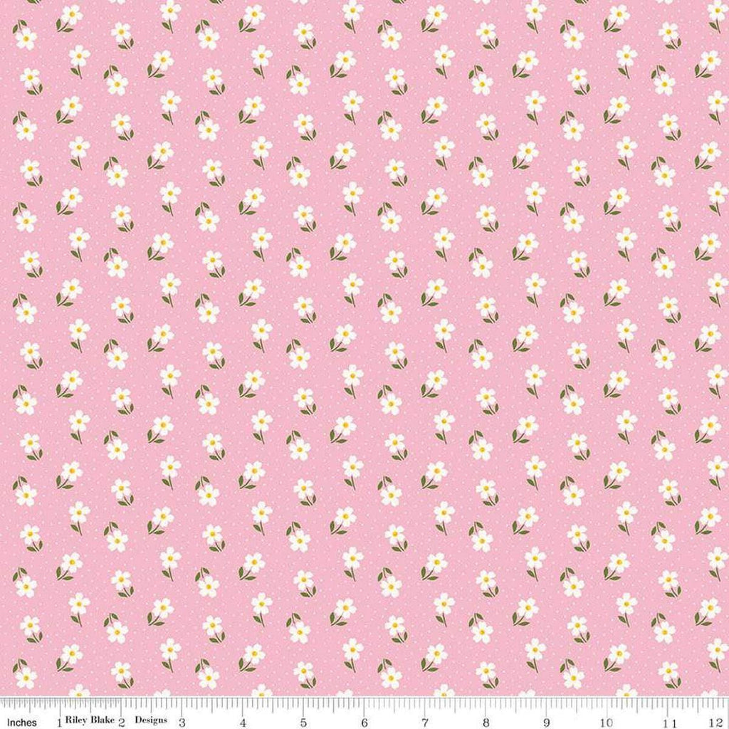 Image of Little Darlin' Ditsy Pink quilting cotton fabric by the RBD Designers for Riley Blake Designs. Features flowers on a pink background. Cute Little Fabric Shop
