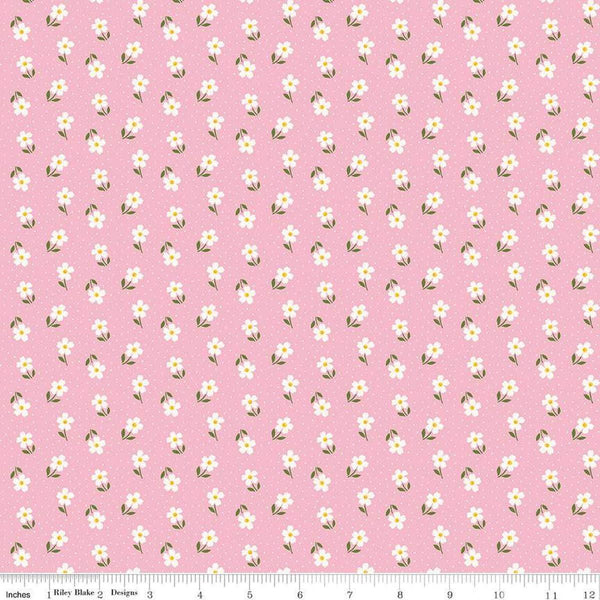 Image of Little Darlin' Ditsy Pink quilting cotton fabric by the RBD Designers for Riley Blake Designs. Features flowers on a pink background. Cute Little Fabric Shop