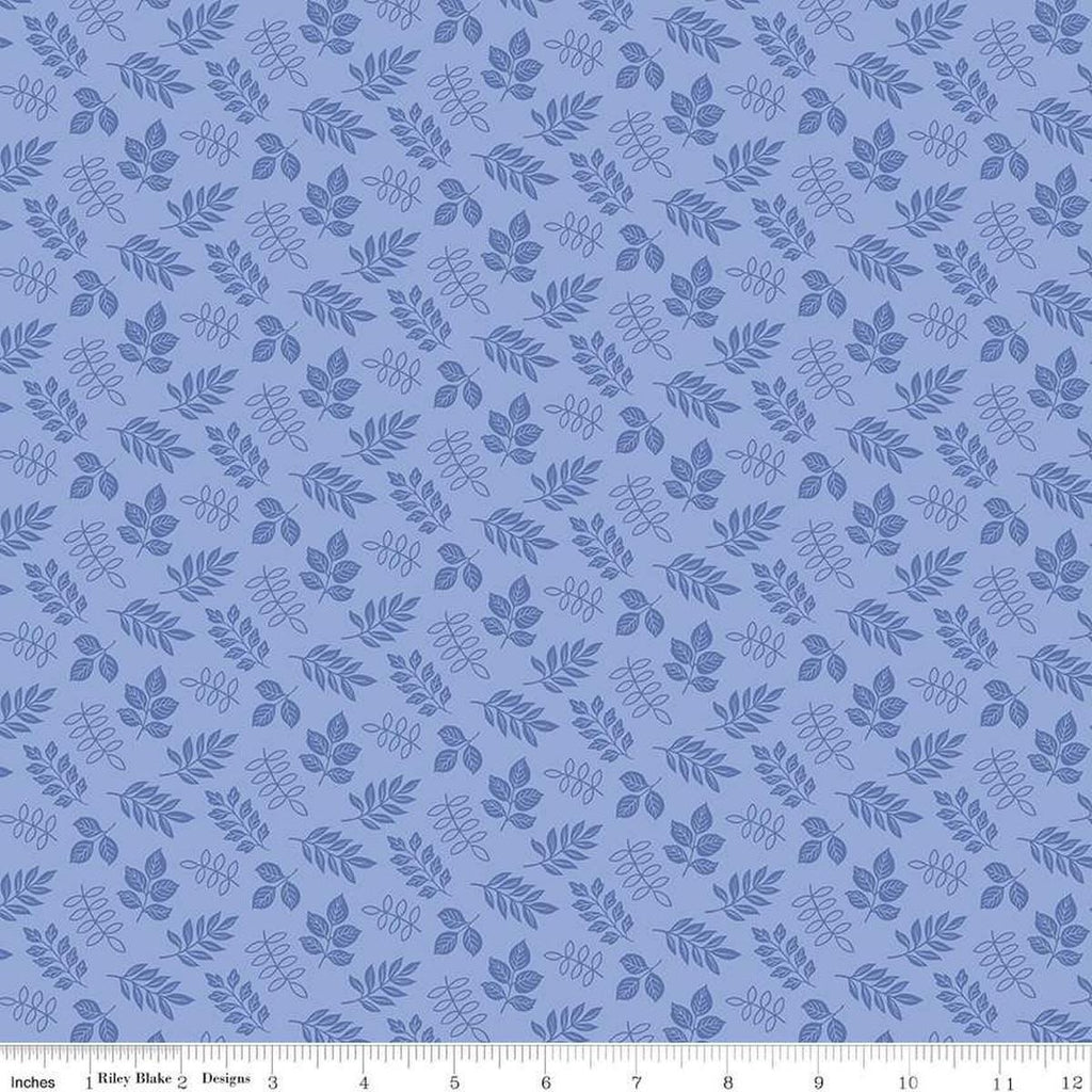 Image of Little Darlin' Leaves Periwinkle quilting cotton fabric by the RBD Designers for Riley Blake Designs. Features leaves on a purple background. Cute Little Fabric Shop