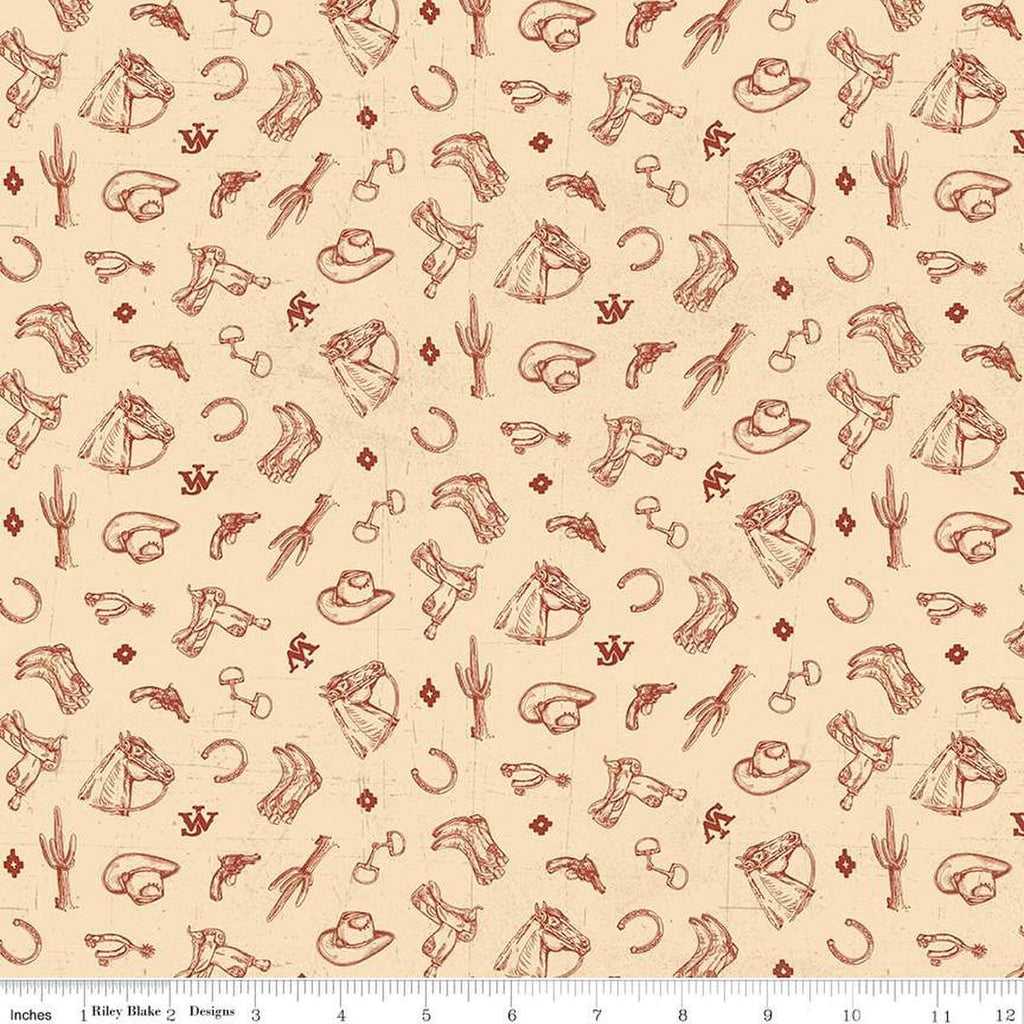 Image of John Wayne American West Icons Cream quilting cotton fabric by Riley Blake Official Product for Riley Blake Designs. Features tools on a cream background. Cute Little Fabric Shop