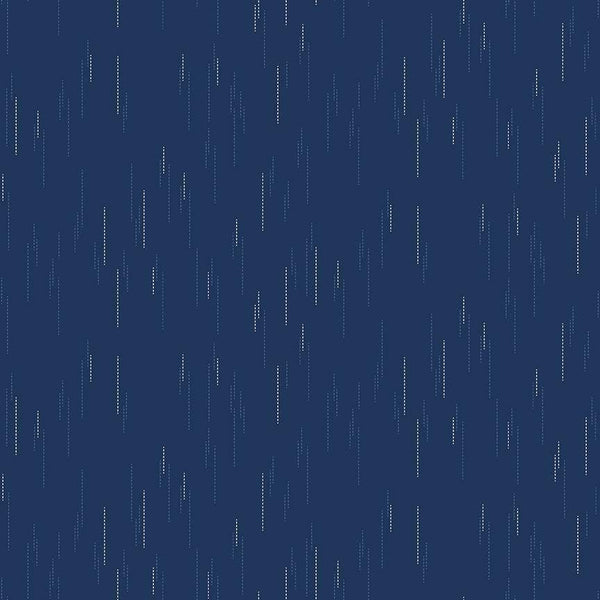 Image of Essence Raindrops Navy quilting cotton fabric by Fran Gulick for Riley Blake Designs. Features rain on a blue background. Cute Little Fabric Shop