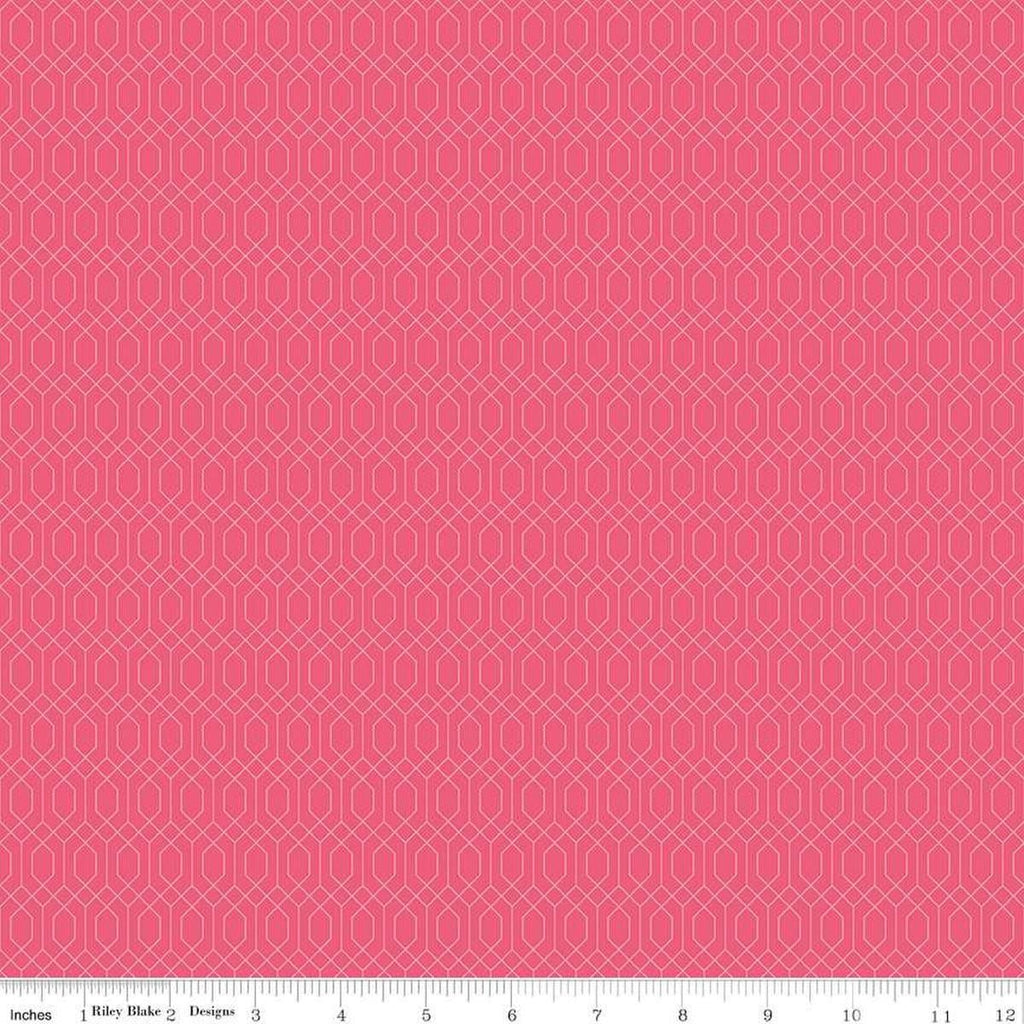 Image of Essence Lattice Hot Pink quilting cotton fabric by Fran Gulick for Riley Blake Designs. Features hexagons on a pink background. Cute Little Fabric Shop