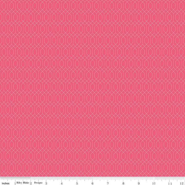 Image of Essence Lattice Hot Pink quilting cotton fabric by Fran Gulick for Riley Blake Designs. Features hexagons on a pink background. Cute Little Fabric Shop