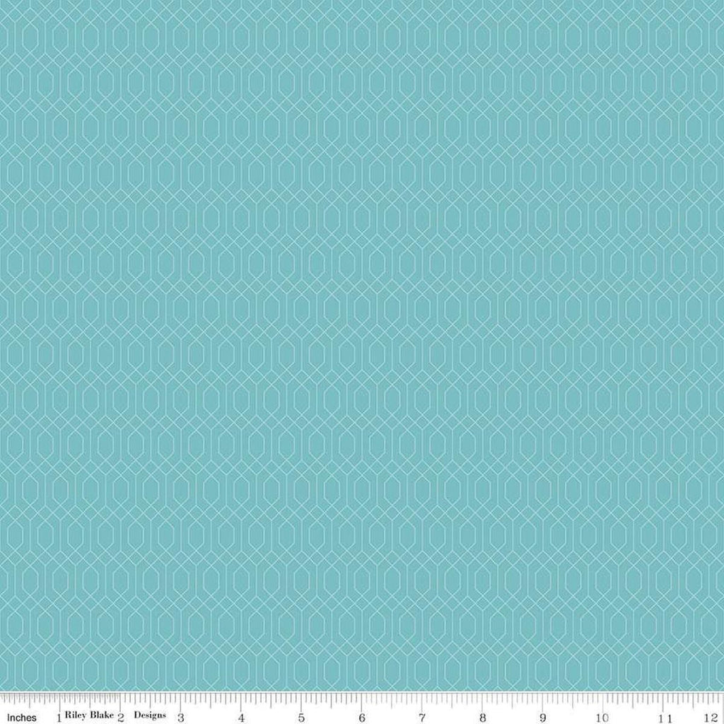 Image of Essence Lattice Cottage quilting cotton fabric by Fran Gulick for Riley Blake Designs. Features hexagons on a blue background. Cute Little Fabric Shop