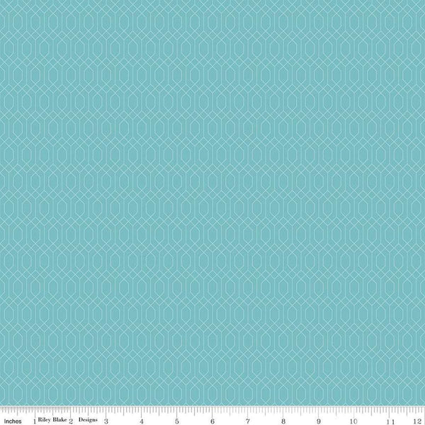 Image of Essence Lattice Cottage quilting cotton fabric by Fran Gulick for Riley Blake Designs. Features hexagons on a blue background. Cute Little Fabric Shop