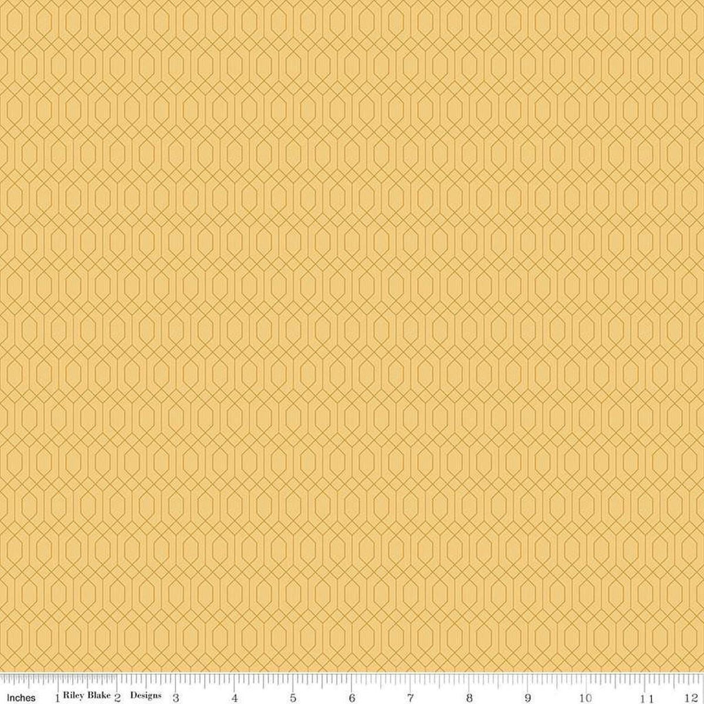 Image of Essence Lattice Beehive quilting cotton fabric by Fran Gulick for Riley Blake Designs. Features hexagons on a yellow background. Cute Little Fabric Shop
