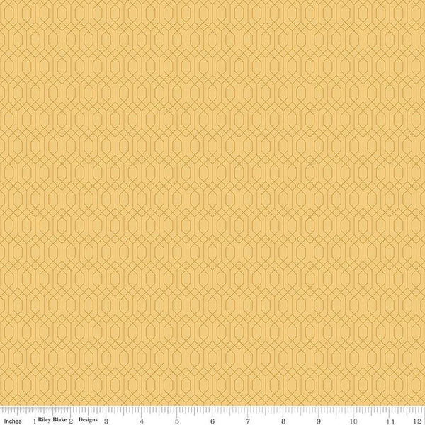 Image of Essence Lattice Beehive quilting cotton fabric by Fran Gulick for Riley Blake Designs. Features hexagons on a yellow background. Cute Little Fabric Shop