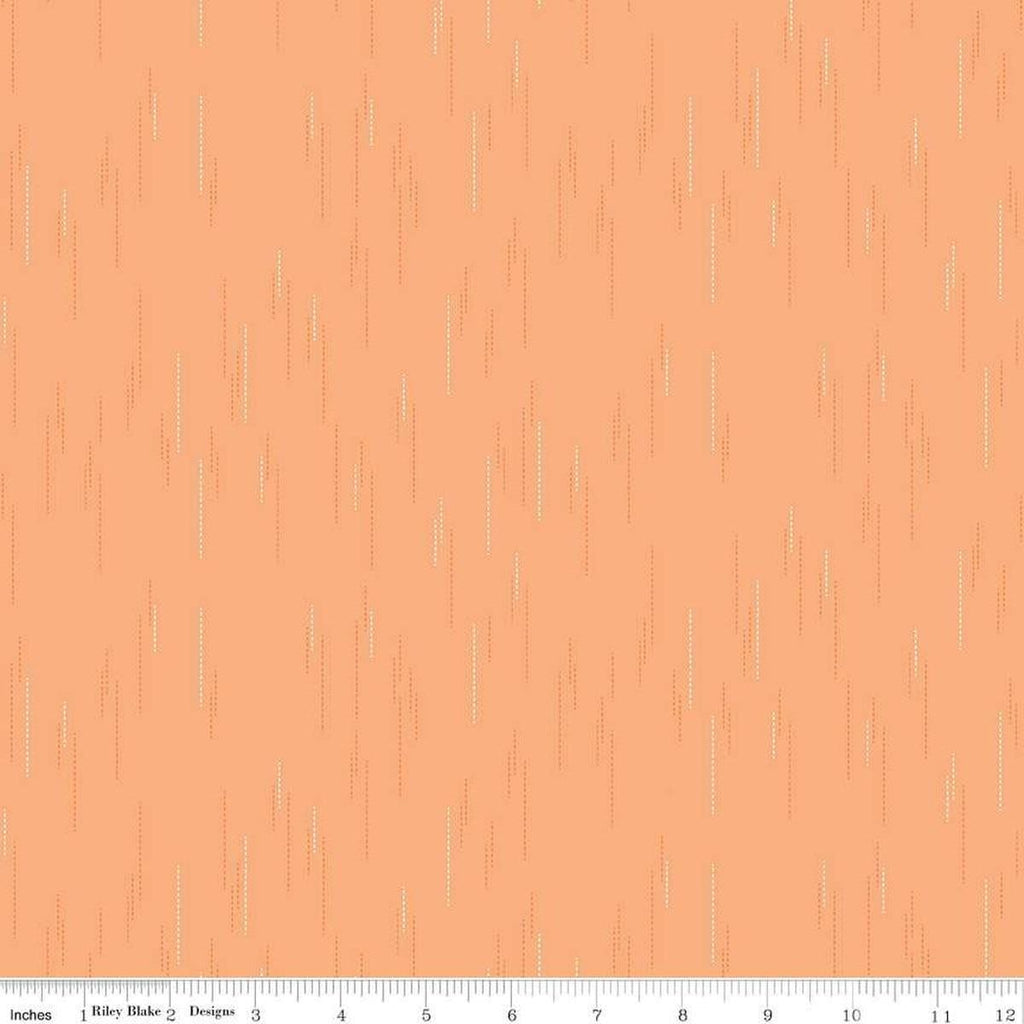 Image of Essence Raindrops Marmalade quilting cotton fabric by Fran Gulick for Riley Blake Designs. Features rain on an orange background. Cute Little Fabric Shop