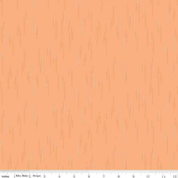 Image of Essence Raindrops Marmalade quilting cotton fabric by Fran Gulick for Riley Blake Designs. Features rain on an orange background. Cute Little Fabric Shop