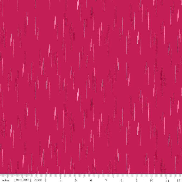 Image of Essence Raindrops Magenta quilting cotton fabric by Fran Gulick for Riley Blake Designs. Features rain on a pink background. Cute Little Fabric Shop