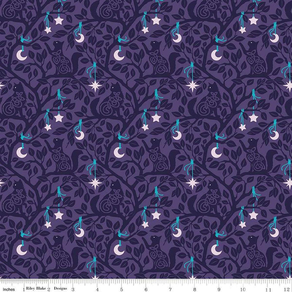 Image of Celtic Cats Forest Cats Purple quilting cotton fabric by Brigid Ashwood for Riley Blake Designs. Features cats in trees on a purple background. Cute Little Fabric Shop
