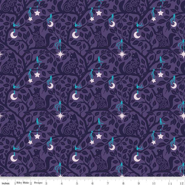 Image of Celtic Cats Forest Cats Purple quilting cotton fabric by Brigid Ashwood for Riley Blake Designs. Features cats in trees on a purple background. Cute Little Fabric Shop