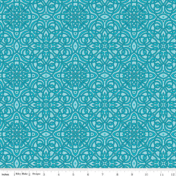 Image of Celtic Cats Celtic Knots Aqua quilting cotton fabric by Brigid Ashwood for Riley Blake Designs. Features Celtic knots on a blue background. Cute Little Fabric Shop