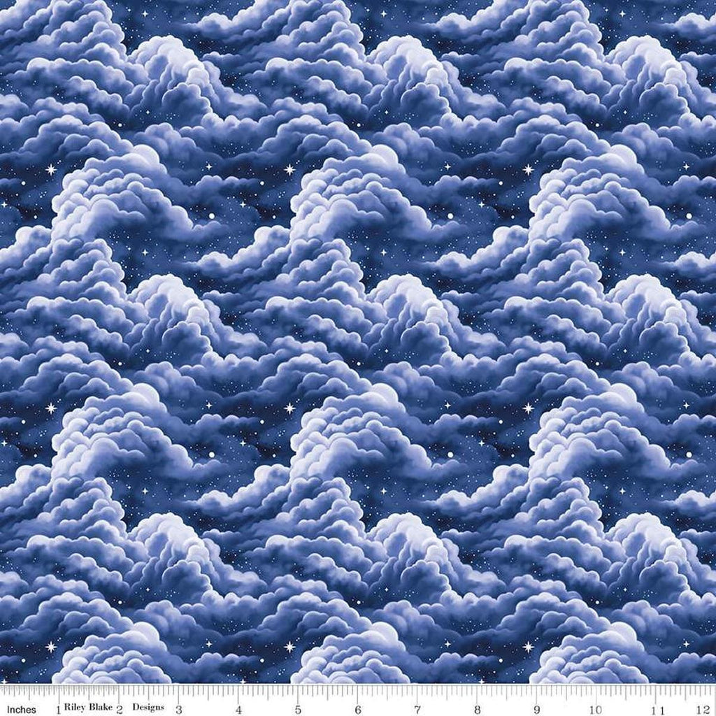 Image of Celtic Cats Clouds Navy quilting cotton fabric by Brigid Ashwood for Riley Blake Designs. Features clouds on a blue background. Cute Little Fabric Shop