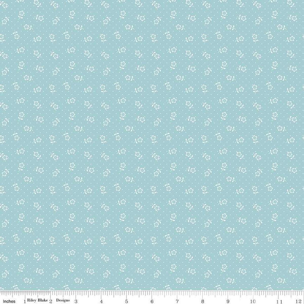 Image of Mary Catherine Flower Dots Songbird quilting cotton fabric by Amy Smart for Riley Blake Designs. Features flowers on a blue background. Cute Little Fabric Shop