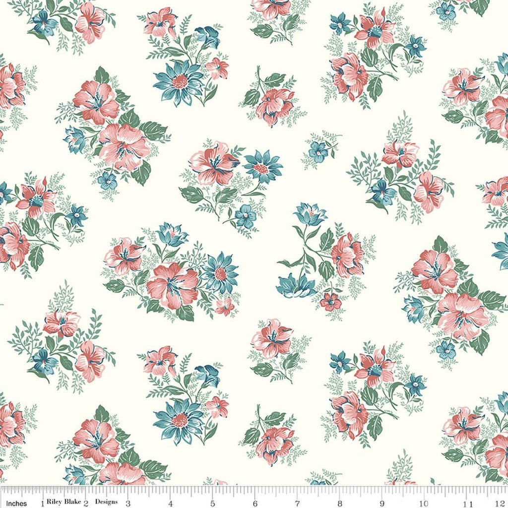 Image of Mary Catherine Main Cloud quilting cotton fabric by Amy Smart for Riley Blake Designs. Features flowers on an off-white background. Cute Little Fabric Shop