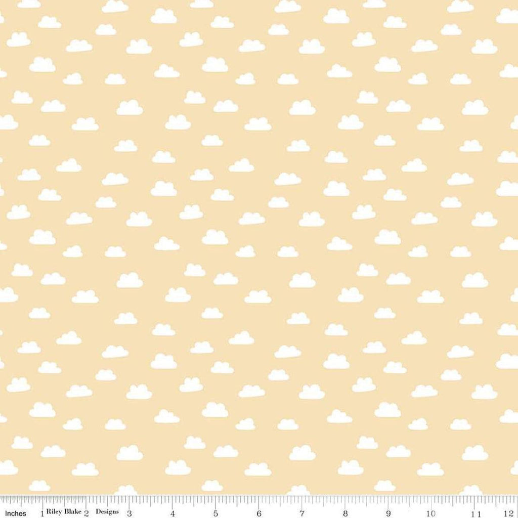 Image of Baby Girl Clouds Yellow quilting cotton fabric by Lori Whitlock for Riley Blake Designs. Features clouds on a yellow background. Cute Little Fabric Shop