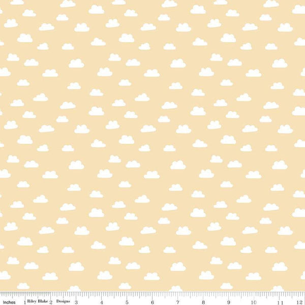 Image of Baby Girl Clouds Yellow quilting cotton fabric by Lori Whitlock for Riley Blake Designs. Features clouds on a yellow background. Cute Little Fabric Shop