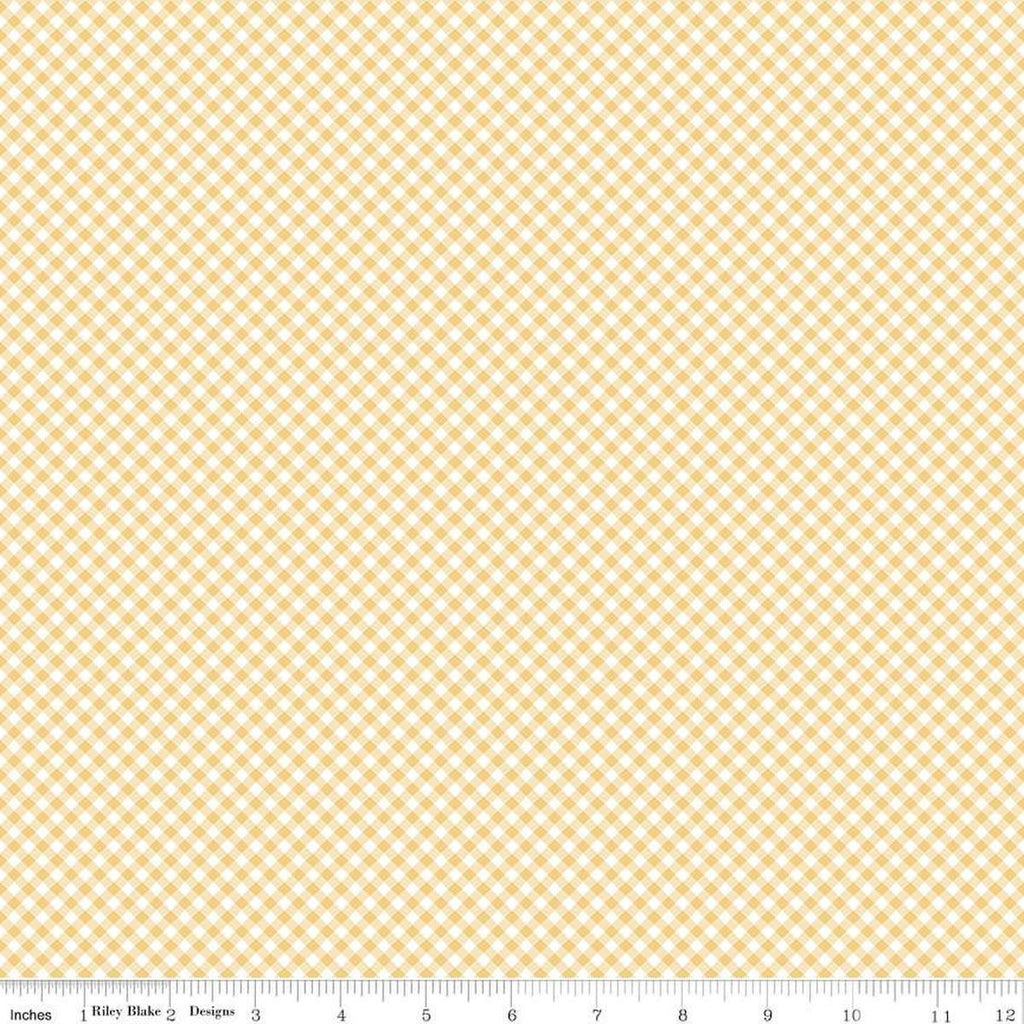 Image of Baby Girl Gingham Yellow quilting cotton fabric by Lori Whitlock for Riley Blake Designs. Features plaid on a yellow background. Cute Little Fabric Shop