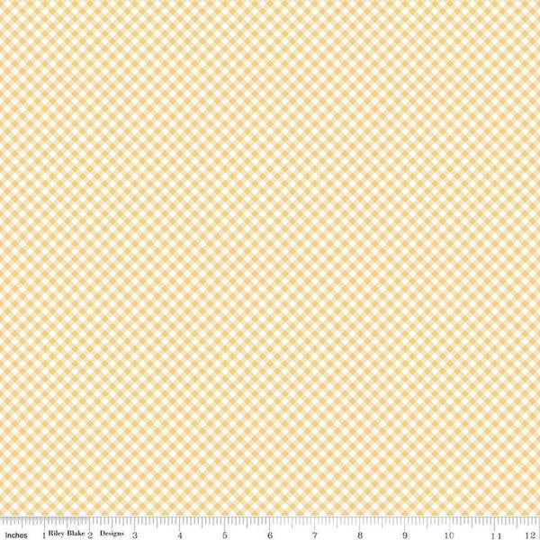 Image of Baby Girl Gingham Yellow quilting cotton fabric by Lori Whitlock for Riley Blake Designs. Features plaid on a yellow background. Cute Little Fabric Shop