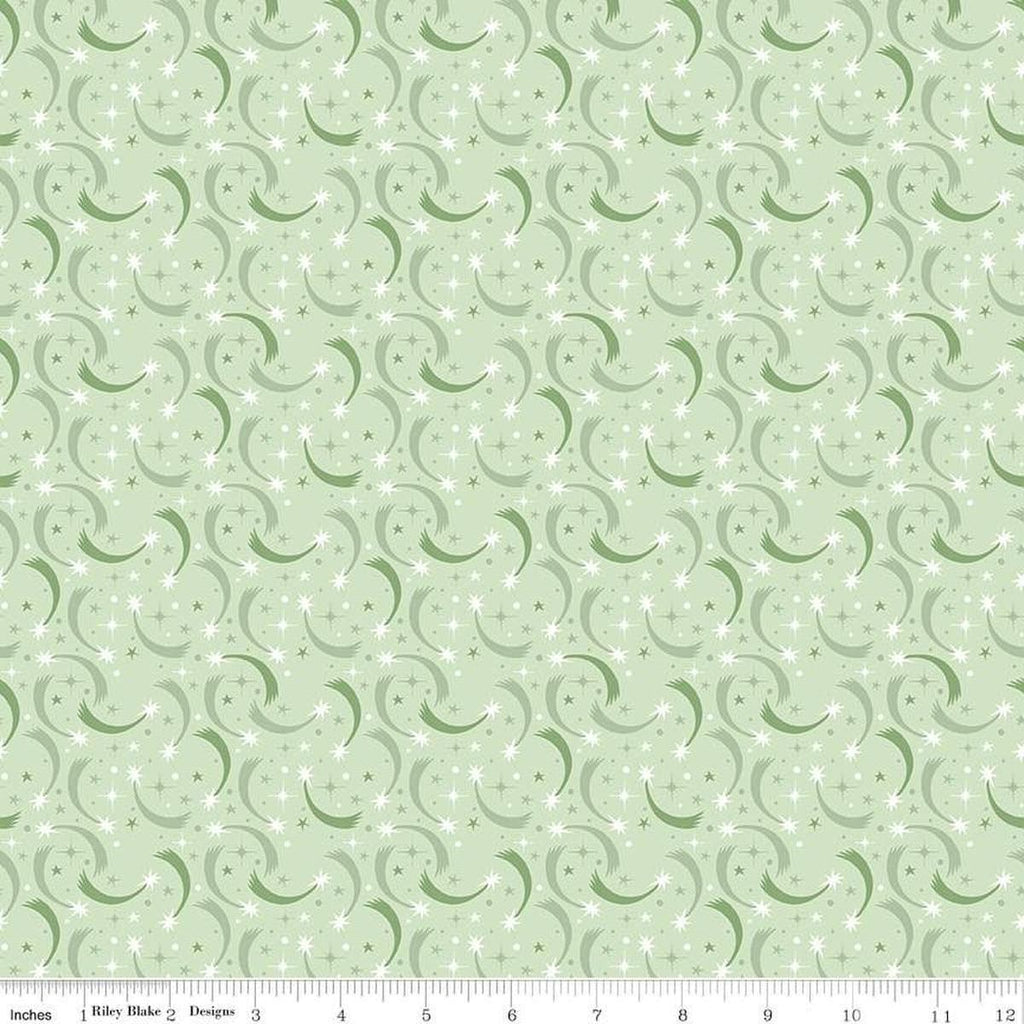 Image of Baby Girl Shooting Stars Mint quilting cotton fabric by Lori Whitlock for Riley Blake Designs. Features stars on a green background. Cute Little Fabric Shop