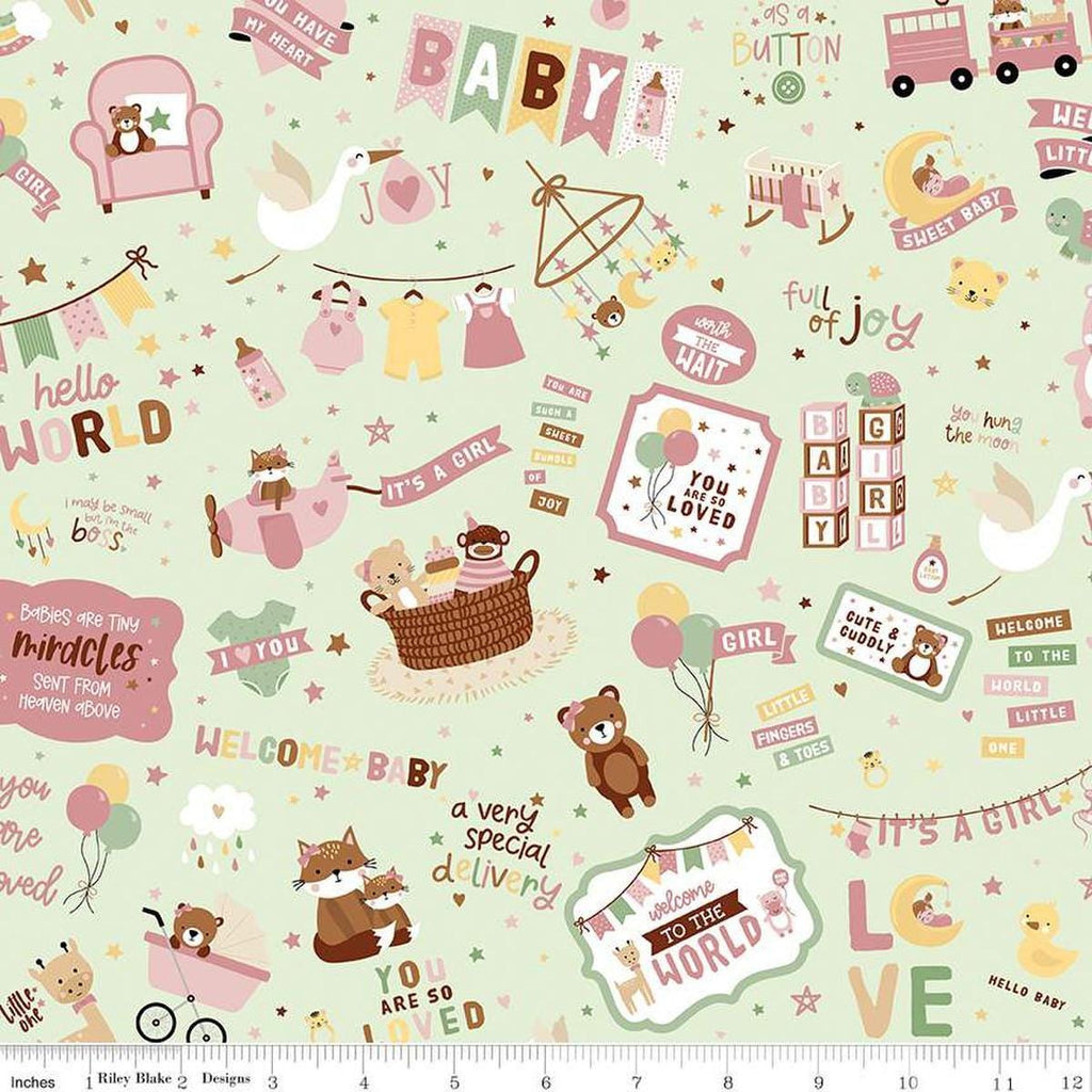 Image of Baby Girl Main Mint quilting cotton fabric by Lori Whitlock for Riley Blake Designs. Features toys on a green background. Cute Little Fabric Shop
